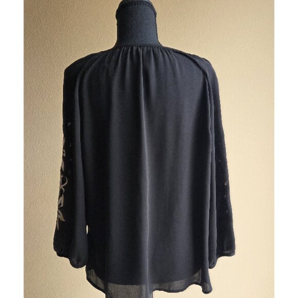 White House Black Market Embroidered Black Blouse | Boho Chic - Picture 3 of 4